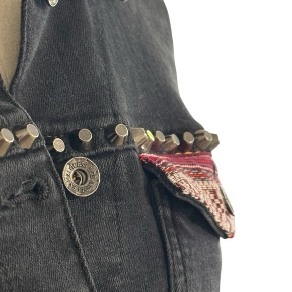GUESS Black Denim Jean Jacket Leather Fringe Studded Size M Western Concert Stud - Picture 8 of 10